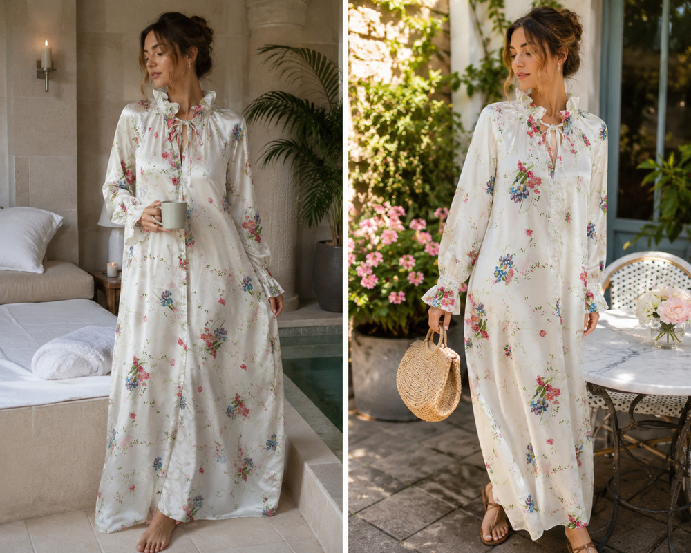 Vtg Christian Dior Maxi Lounge casual Dress USA Floral ruffled cuff neck Sz-L/XL